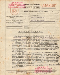 Ryc. 13 Pismo informujące, że Władysław Bujas posiada stałe zatrudnienie w spółce Mazur (1942 r.).